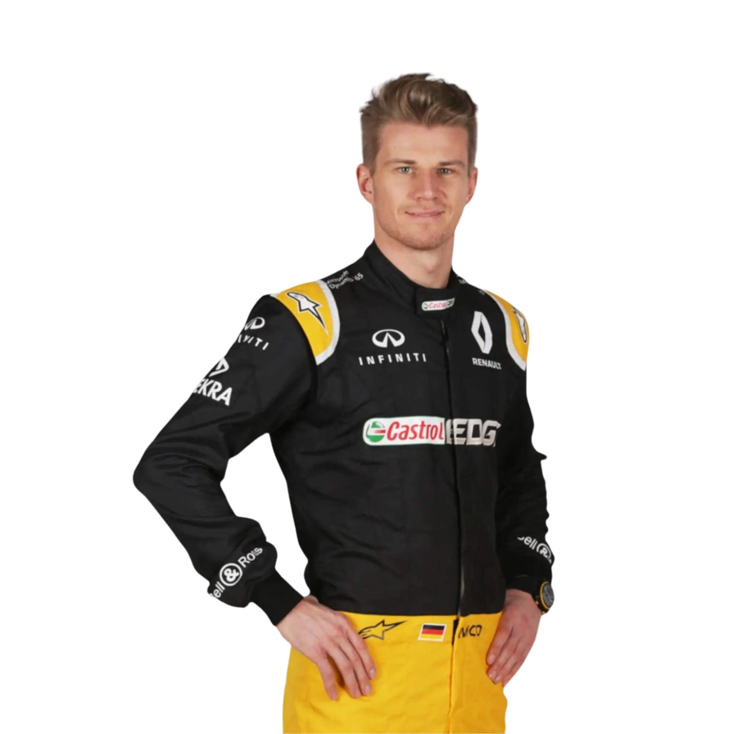 Close-up of the chest area of Nico Hulkenberg’s 2017 F1 racing suit, featuring sponsor embroidery and lightweight fabric for breathability.