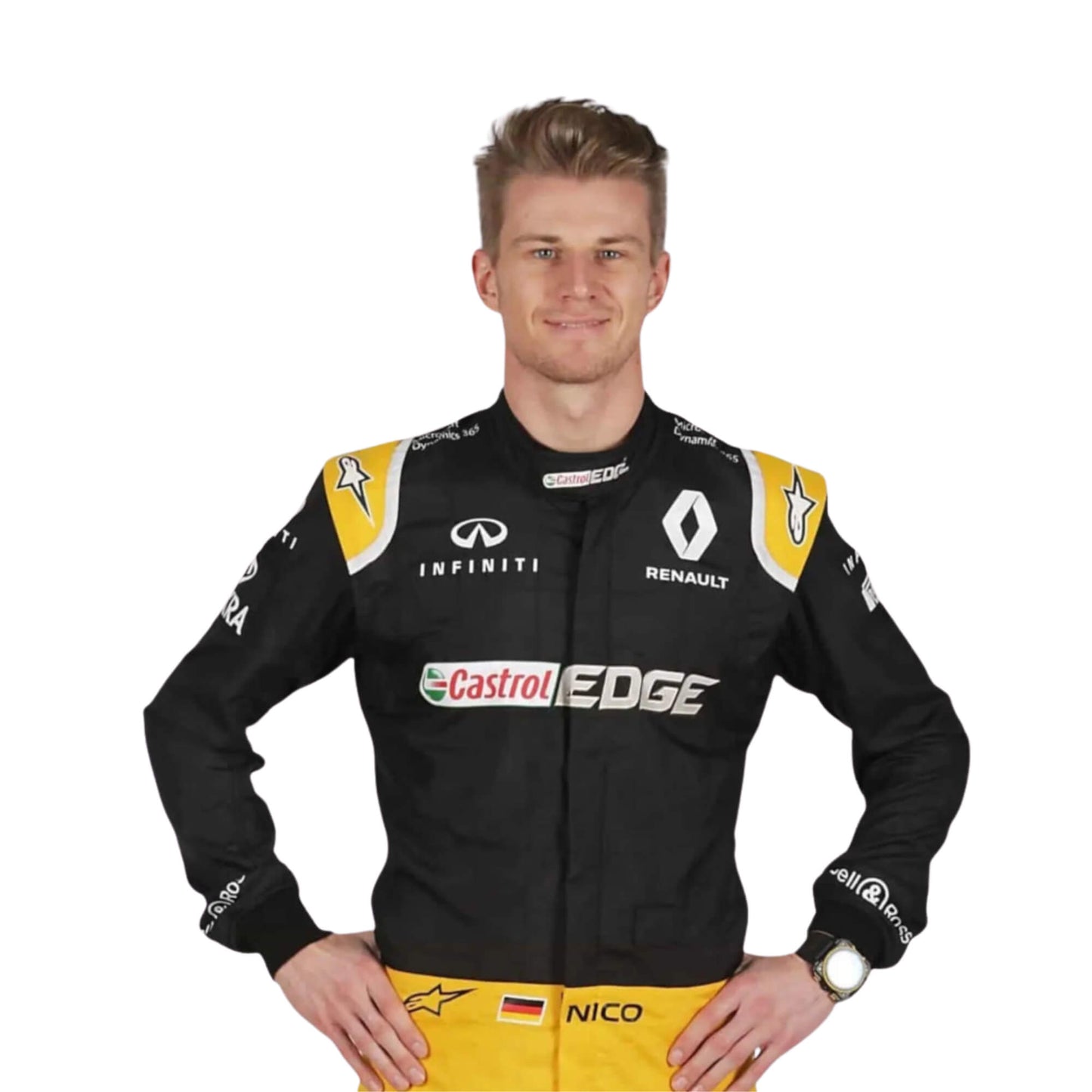 Close-up of the chest area of Nico Hulkenberg’s 2017 F1 racing suit, featuring sponsor embroidery and lightweight fabric for breathability.