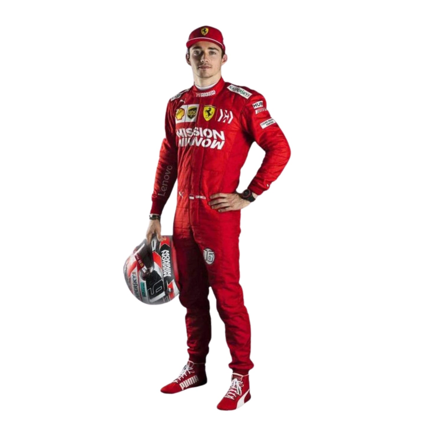 Charles Leclerc 2019 F1 suit – detailed front view showcasing the vibrant red design