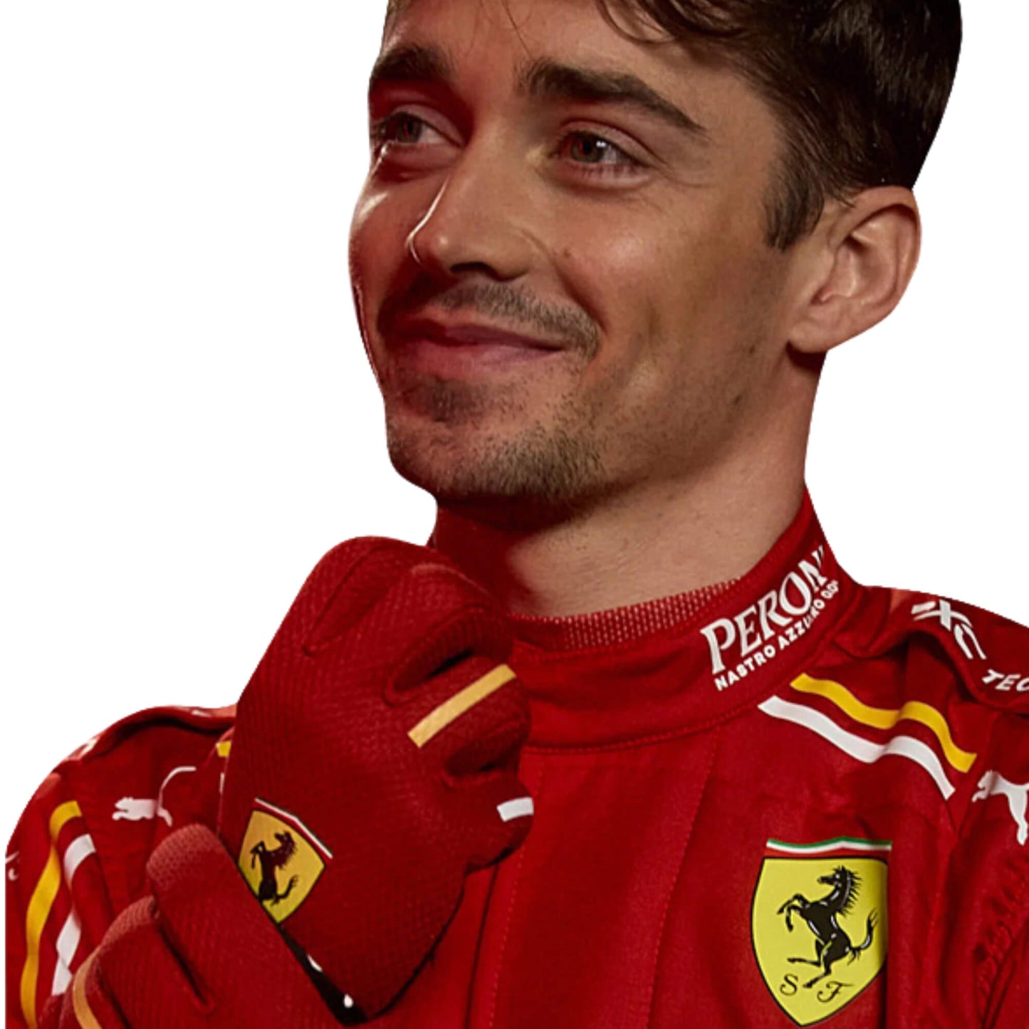 Close-up of Charles Leclerc's 2024 F1 race suit, focusing on the red material with black stitching and sponsor logos, highlighting its precision design.