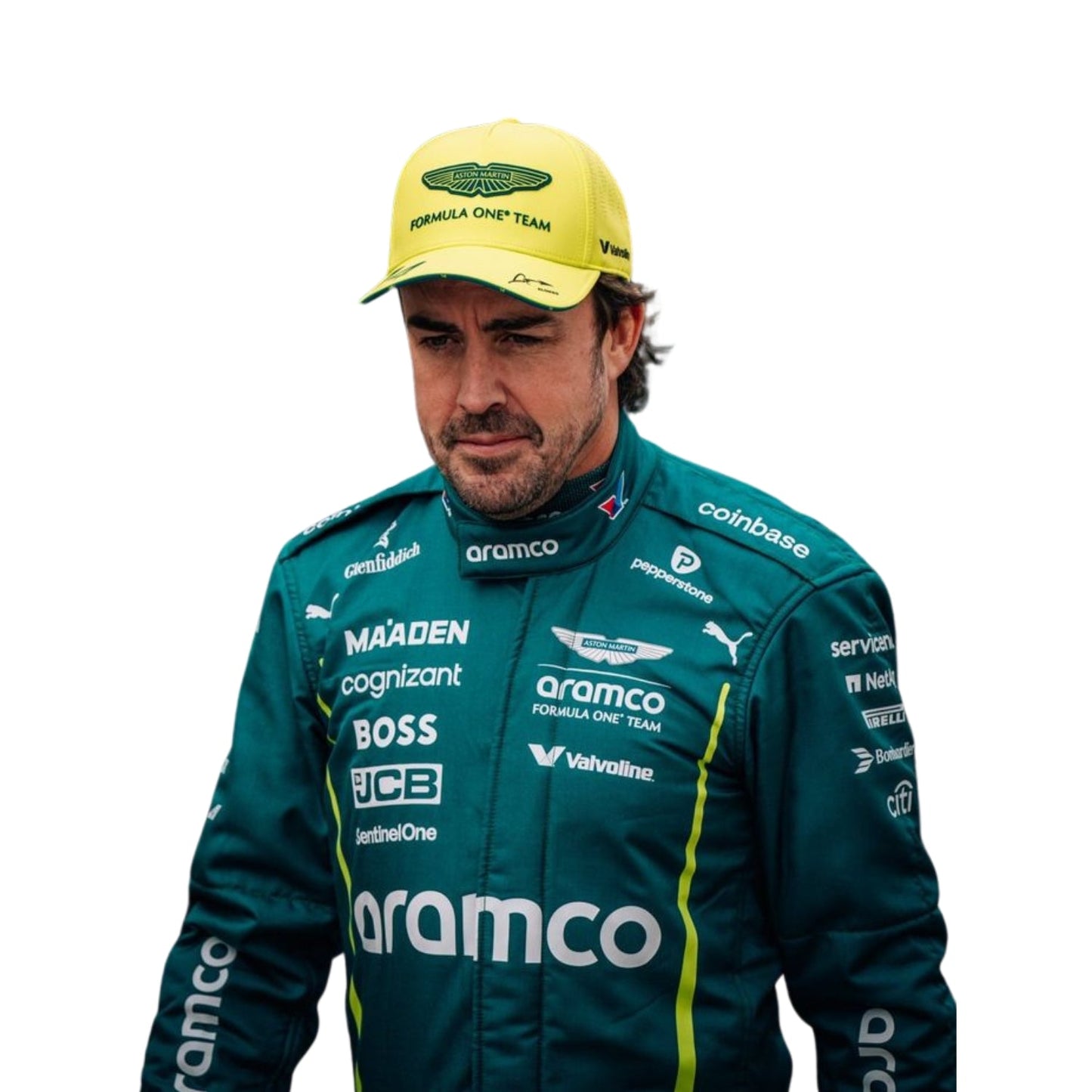 Close-up of premium fabric texture, stitching quality, and logo embroidery on the 2025 F1 driver costume used by Fernando Alonso.