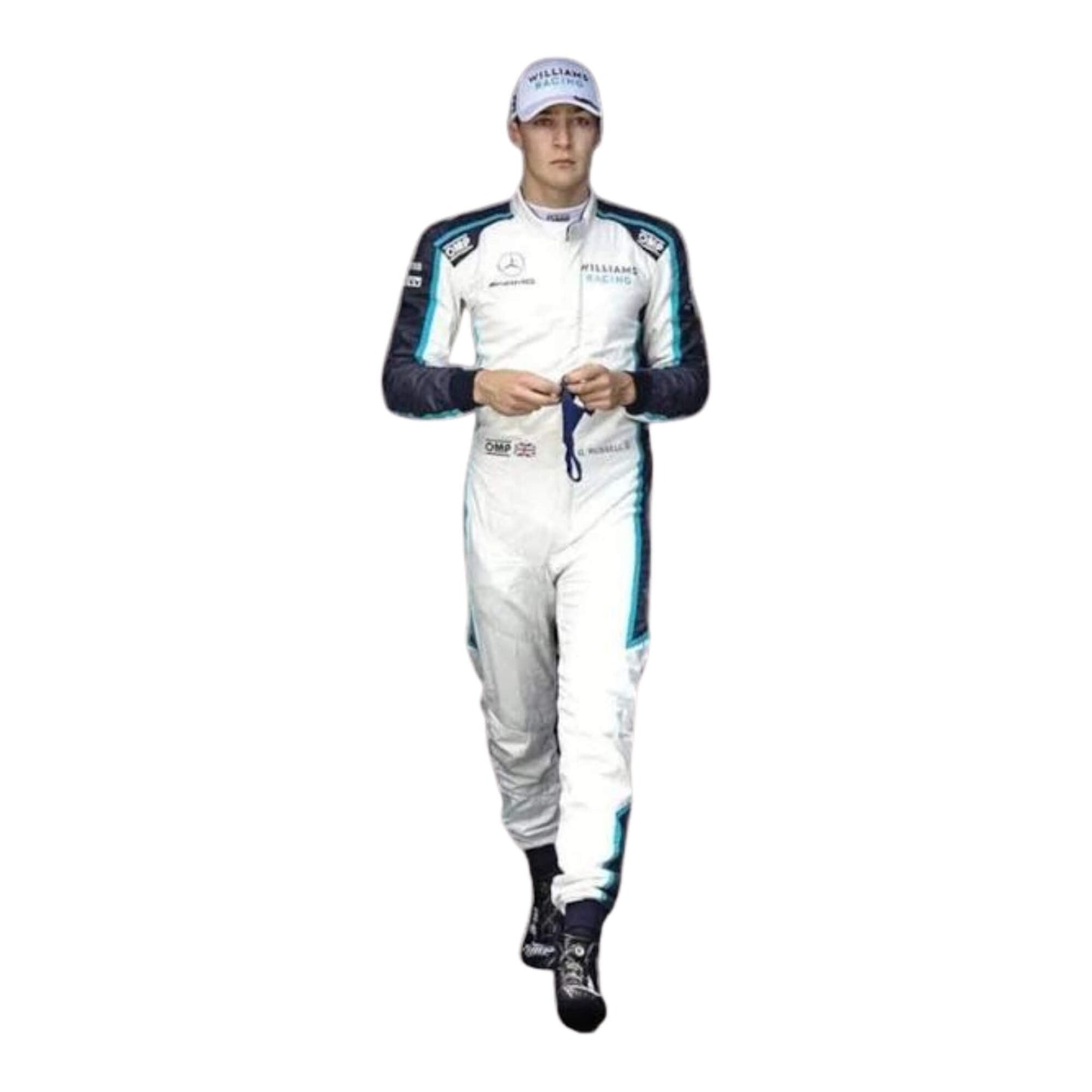 2021 George Russell F1 Racing Suit Front View, Navy Blue Design, Zipper Closure, Embroidered Details