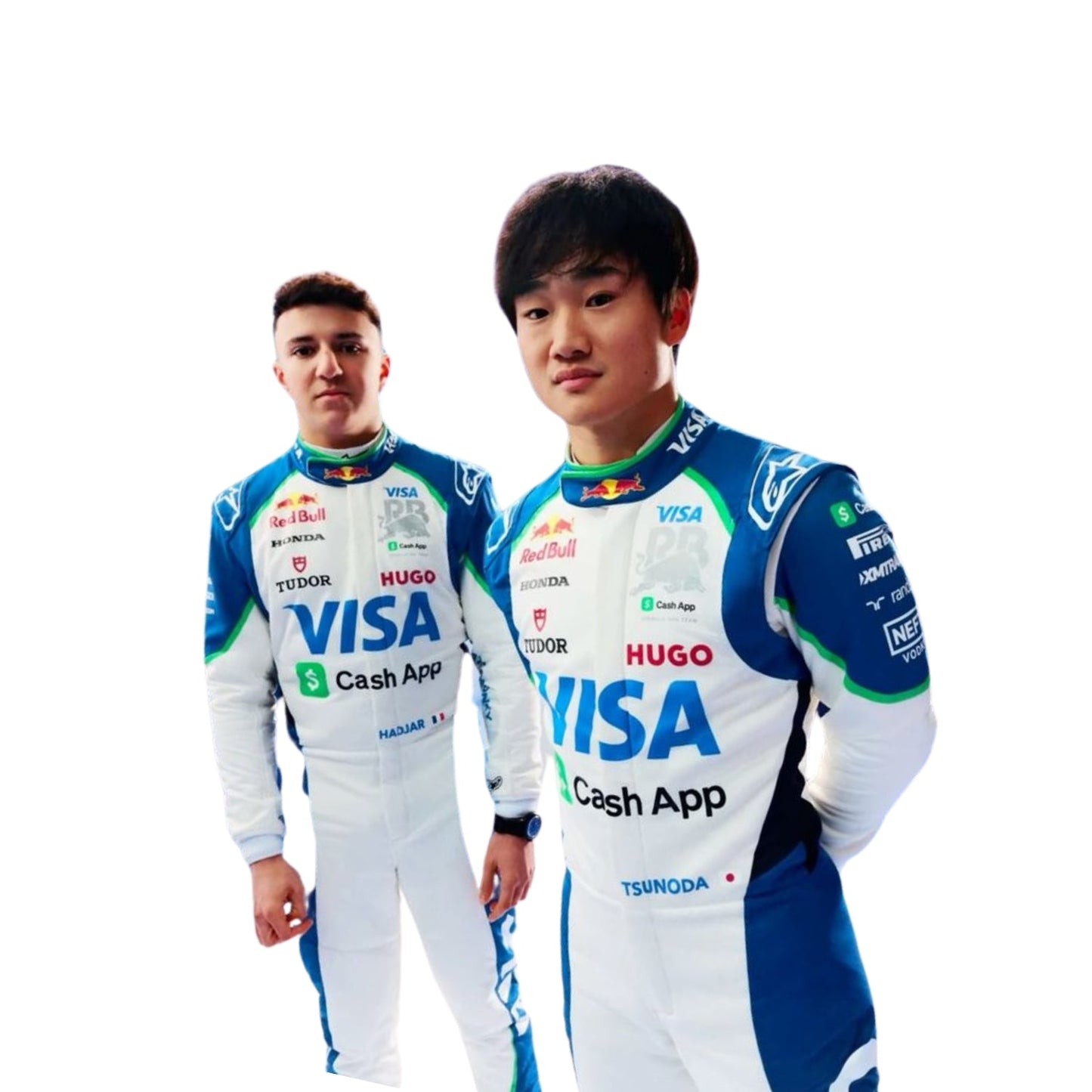 Close-up of Yuki Tsunoda's and Isack Hadjar 2025 F1 race suit, displaying the intricate white fabric with blue and green accents and detailed sponsor logos.