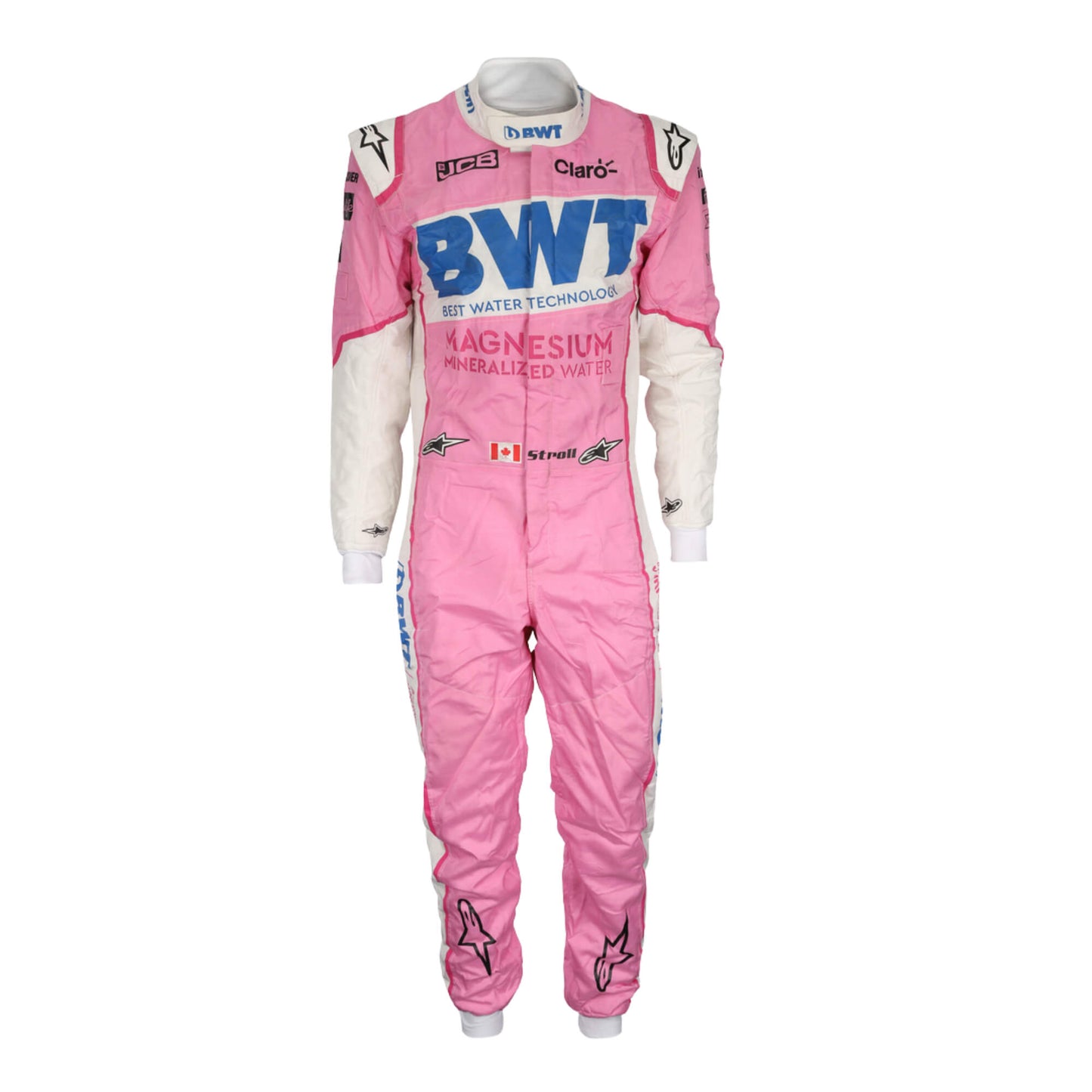 Front view of Lance Stroll 2020 F1 suit – vibrant pink and green design