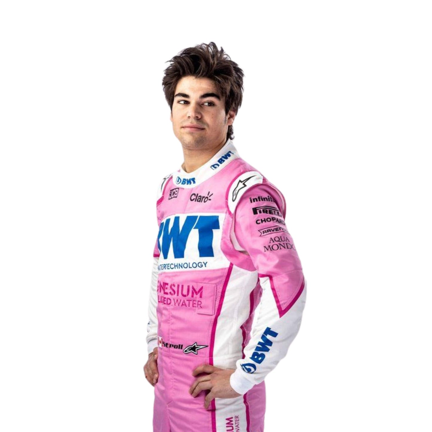 Side close up view of Lance Stroll 2020 F1 racing suit – iconic pink design