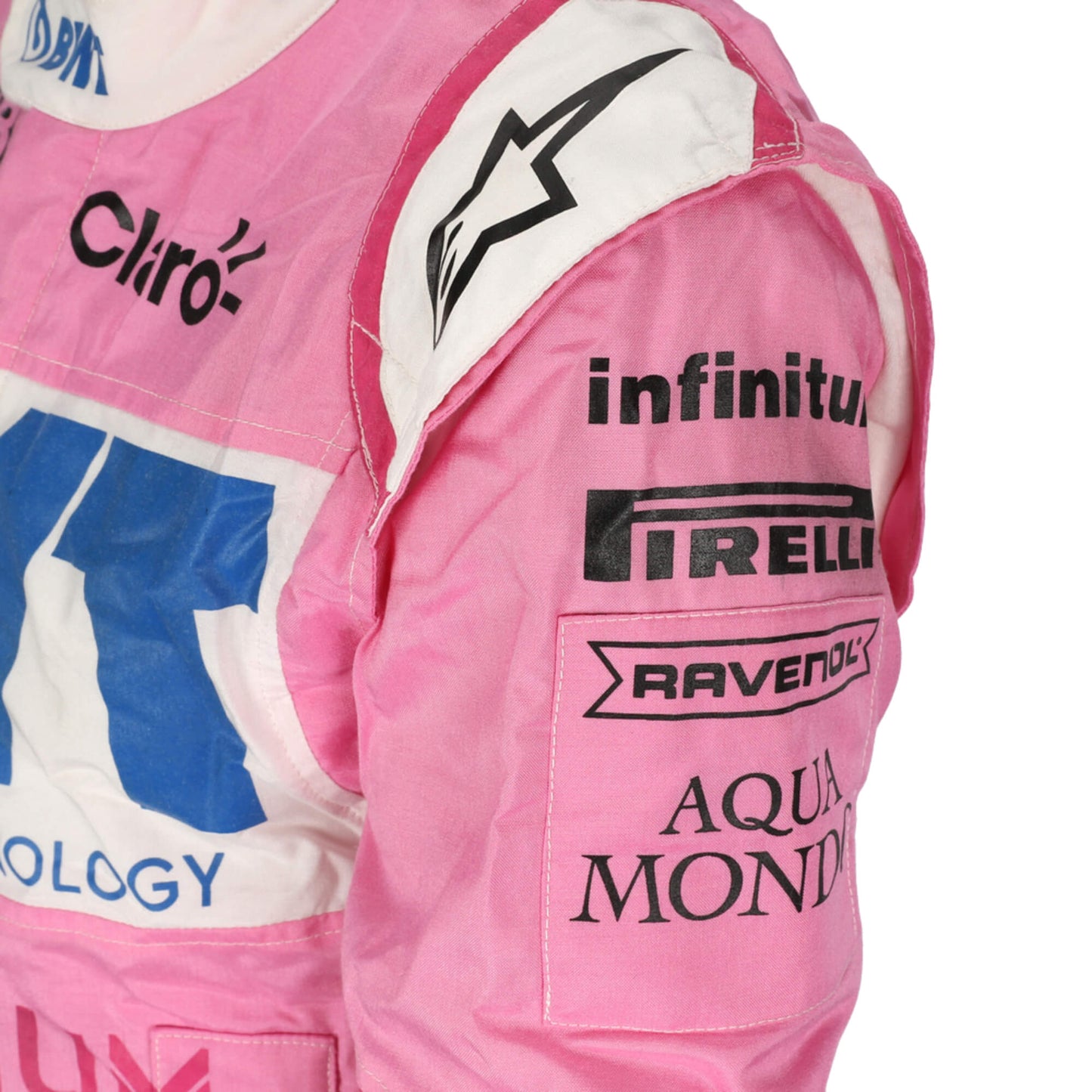 Close up view of shoulder Lance Stroll 2020 F1 suit – sharp image showcasing the bold pink and green color
