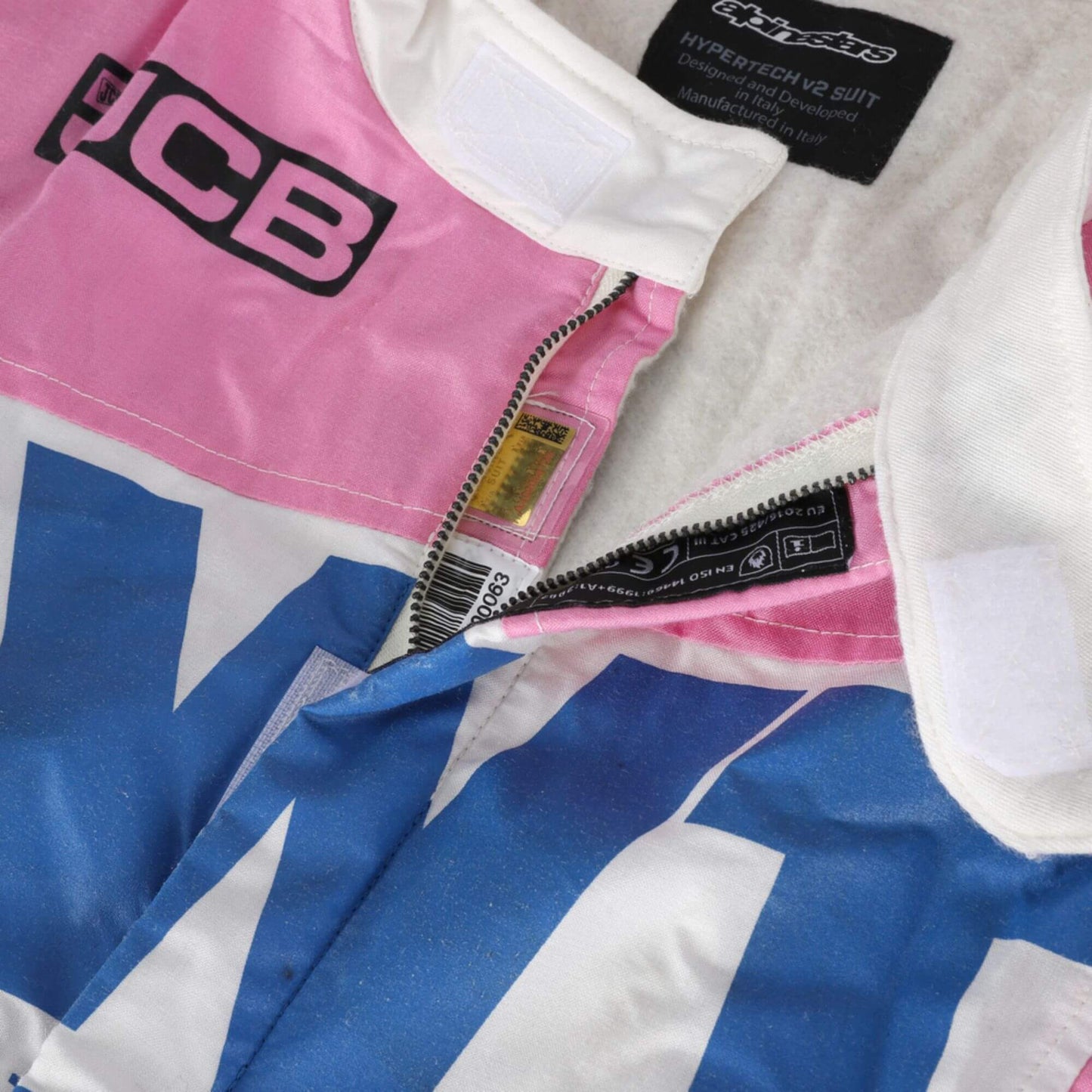 Closeup view of zip High-resolution image of Lance Stroll 2020 F1 racing suit
