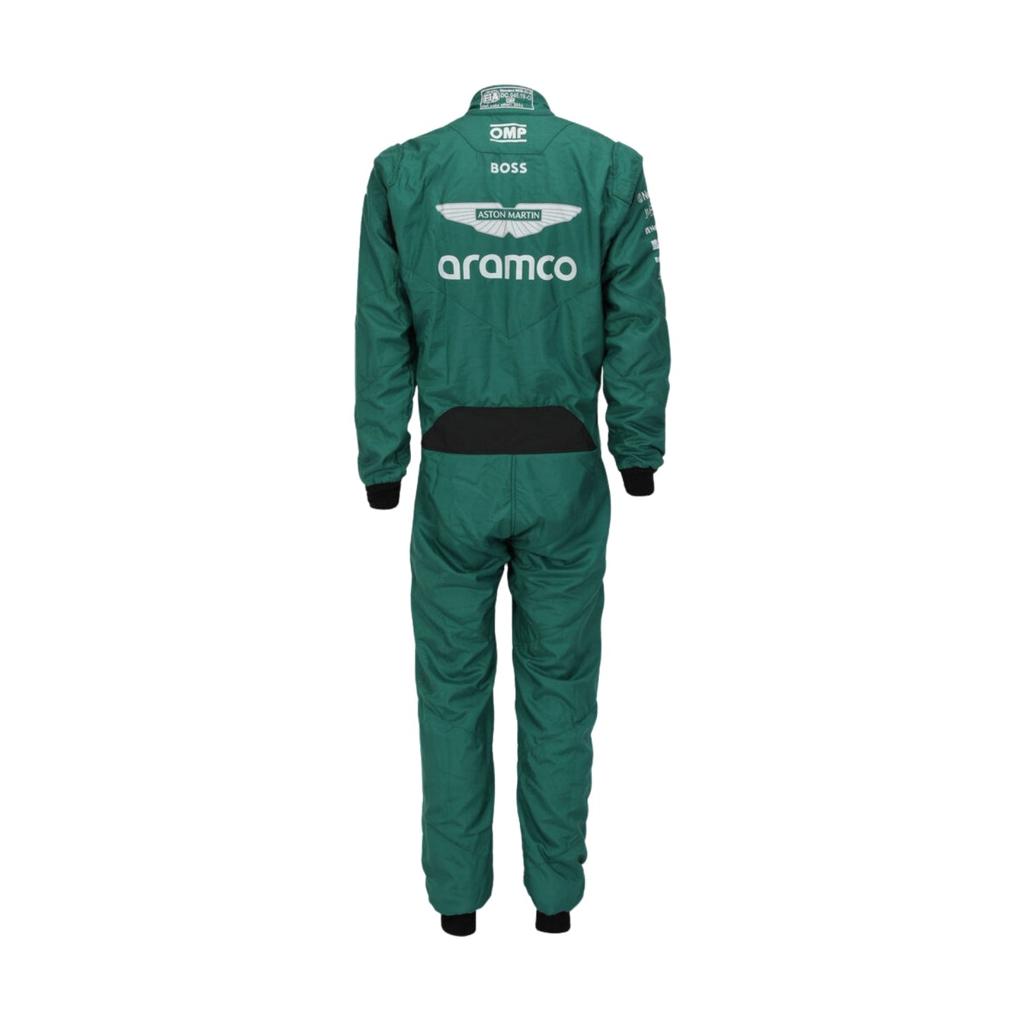 Rear view of Lance Stroll's 2024 Formula 1 racing suit, highlighting the streamlined design with a predominantly green color scheme, complemented by black sections and minimalistic silver highlights.