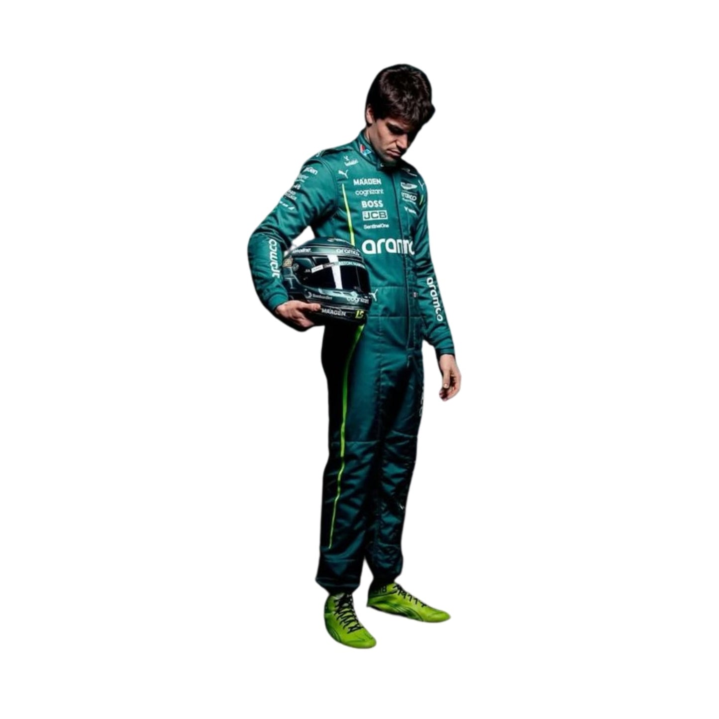 Side profile of the 2025 F1 racing suit worn by Stroll, highlighting precision fit contours, side ventilation zones, and sleek branding design.