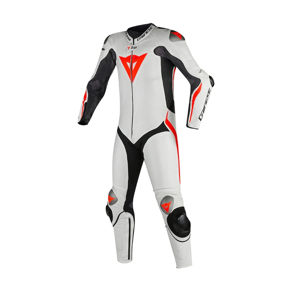 Mugello R One-Piece Motorcycle Leather Racing Suit White and Red Fluo