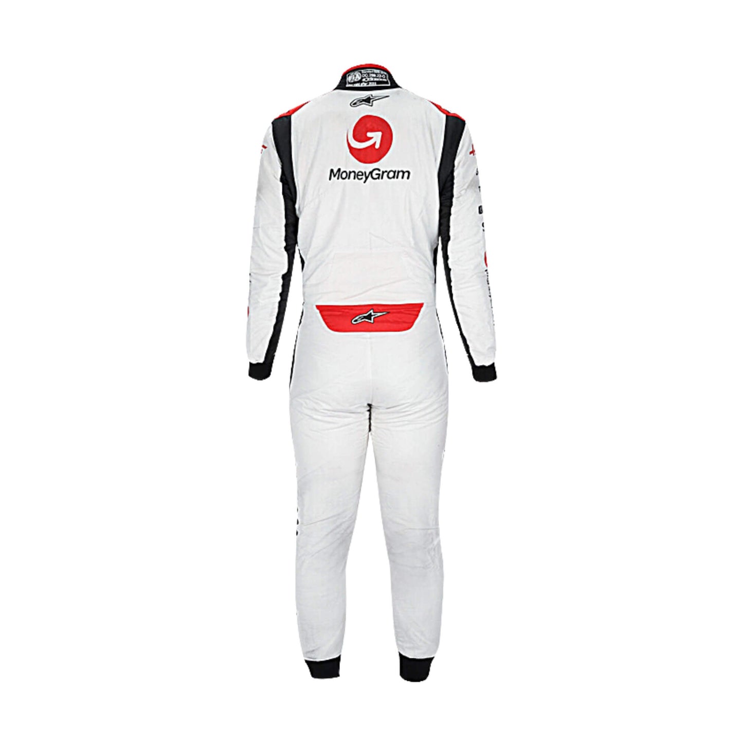 Back view of Kevin Magnussen 2023 F1 racing suit displaying precision stitching, flexible fabric, and a streamlined, racer-ready design in black, white, and red.