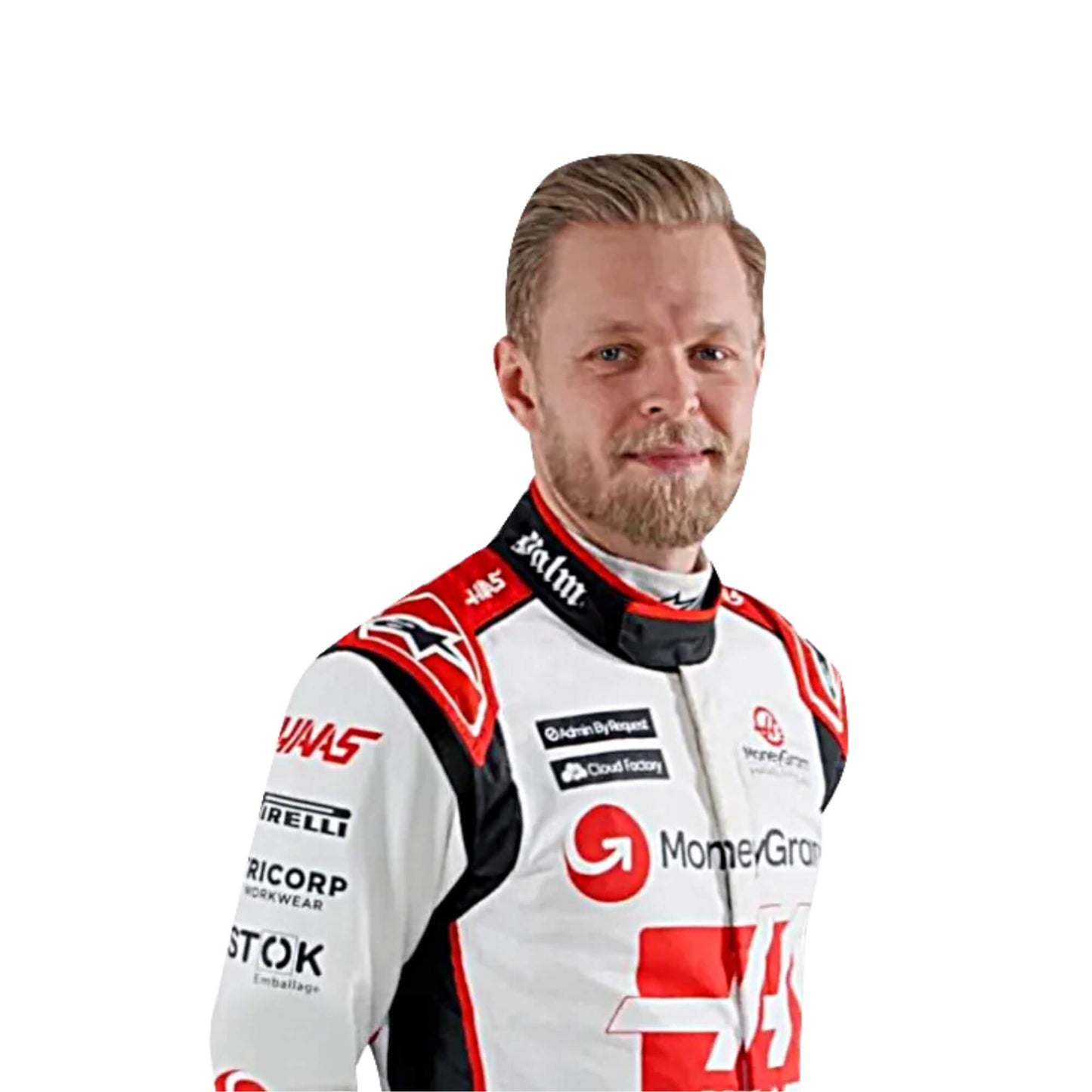 Side profile of Kevin Magnussen 2023 F1 racing suit highlighting the ergonomic fit and high-performance fabric with a bold color combination of black, white, and red.