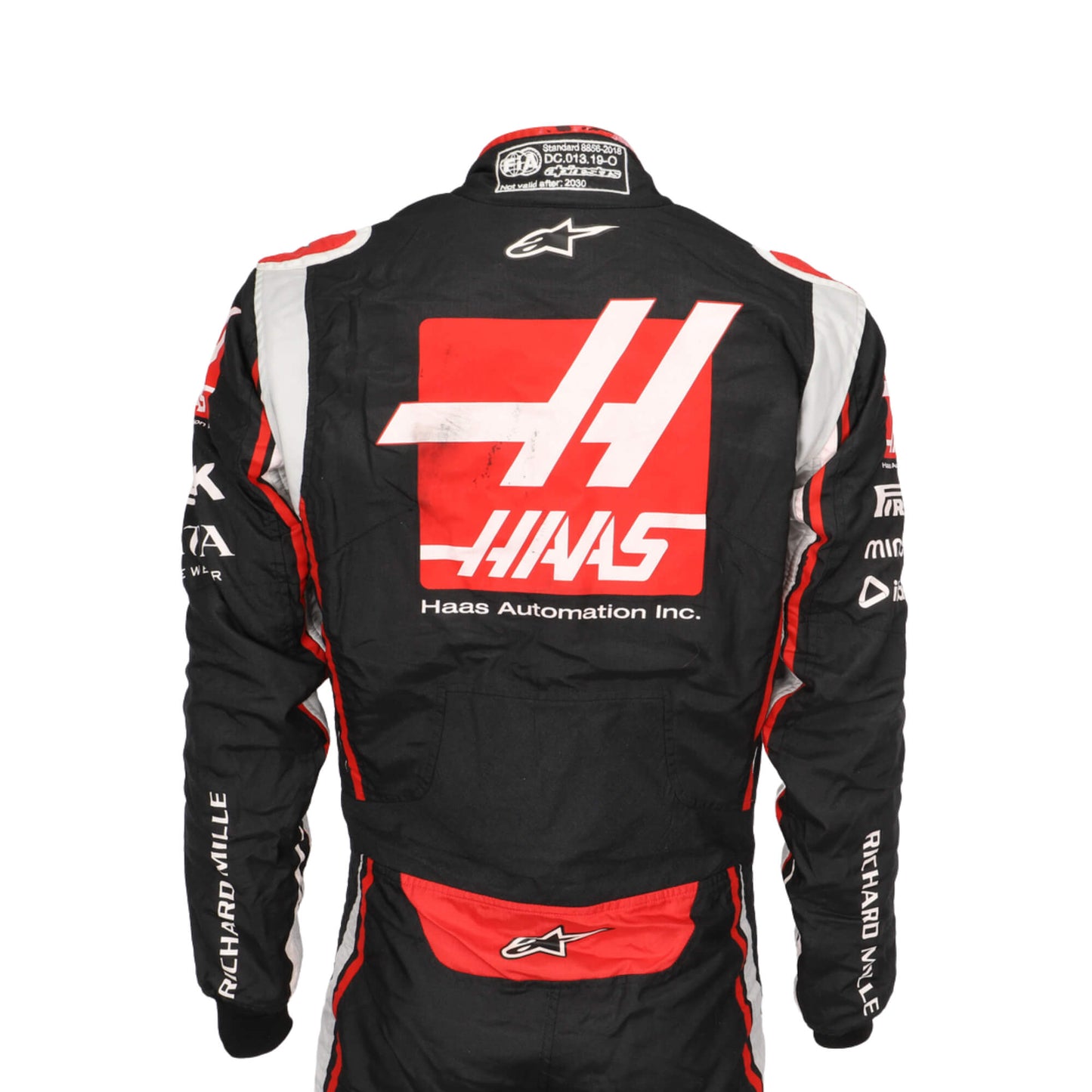 back close up view of Romain Grosjean 2020 F1 racing suit – detailed race-day design