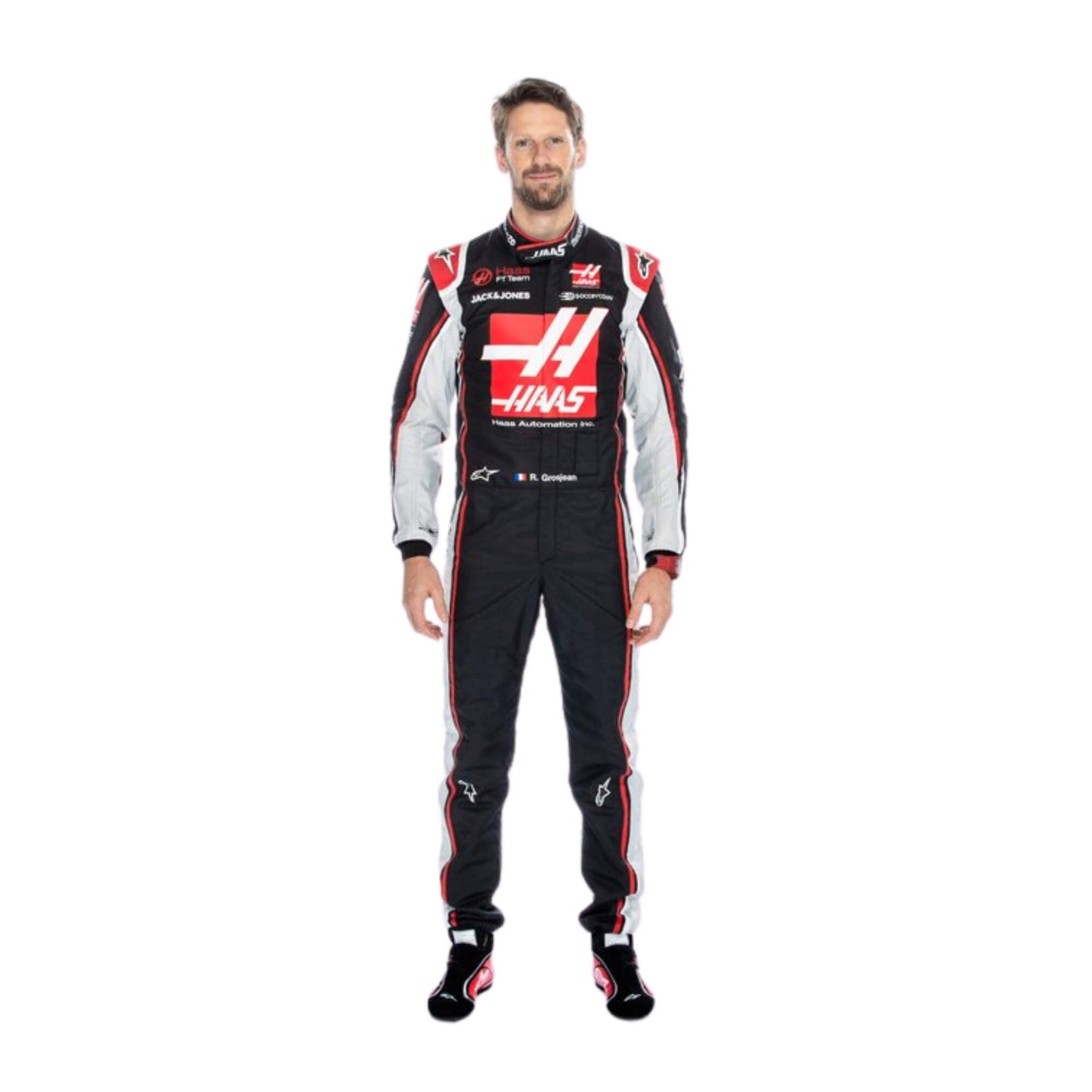 Front view of player Romain Grosjean 2020 Austrian GP F1 racing suit – detailed race-day design
