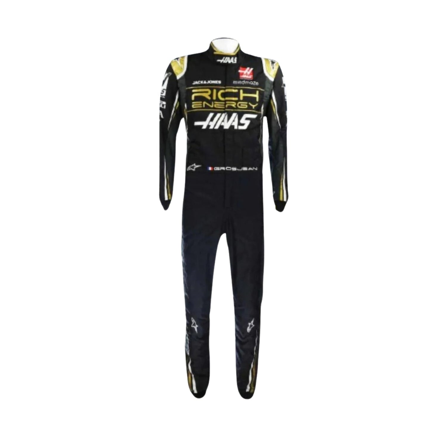 Romain Grosjean 2019 F1 suit – front view showcasing a modern, clean race-ready design, admired by Formula 1 collectors.