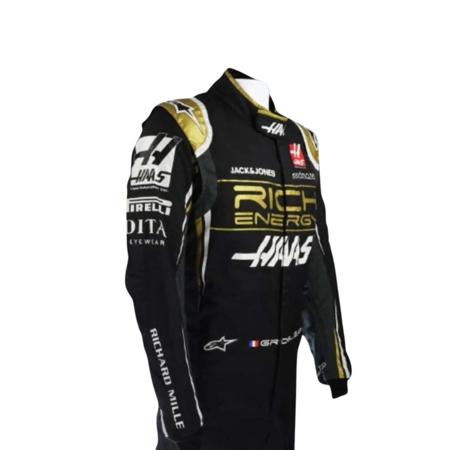 Romain Grosjean 2019 F1 suit – side view showcasing a modern, clean race-ready design