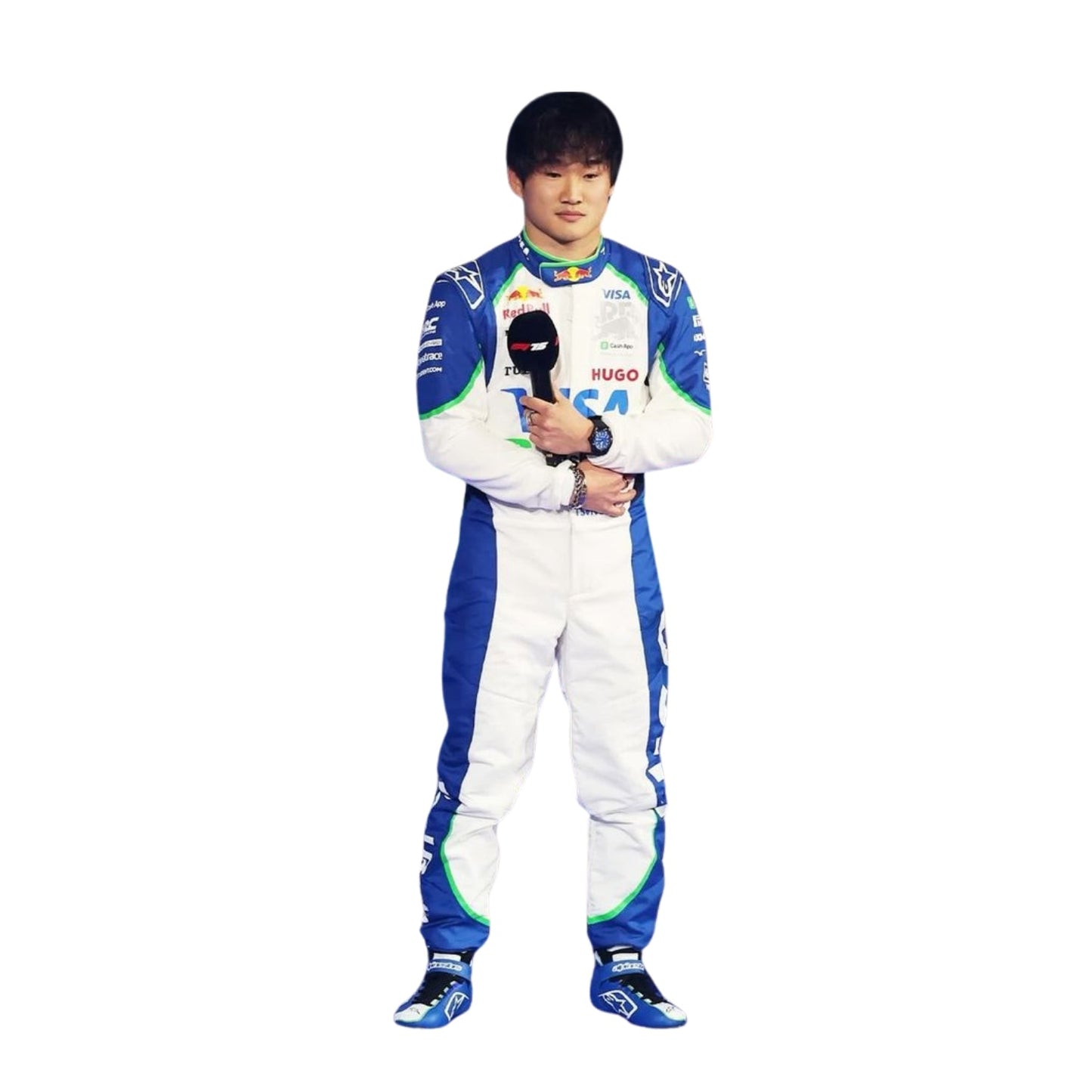 Front view of Yuki Tsunoda's 2025 F1 racing suit in white with blue side panels and green accents around the shoulders and collar, featuring sponsor logos.