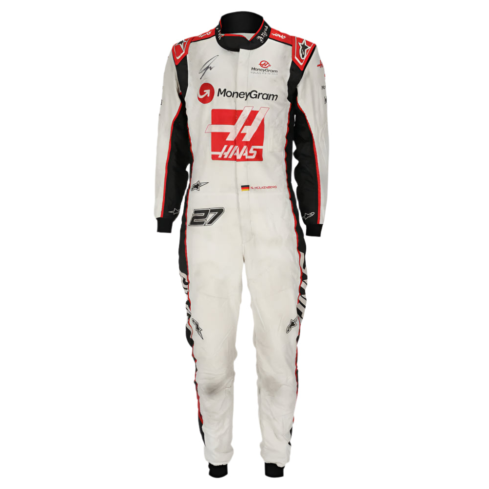 Front view of the Nico Hulkenberg 2023 F1 racing suit, featuring a sleek design with advanced performance fabric and modern color scheme for professional drivers