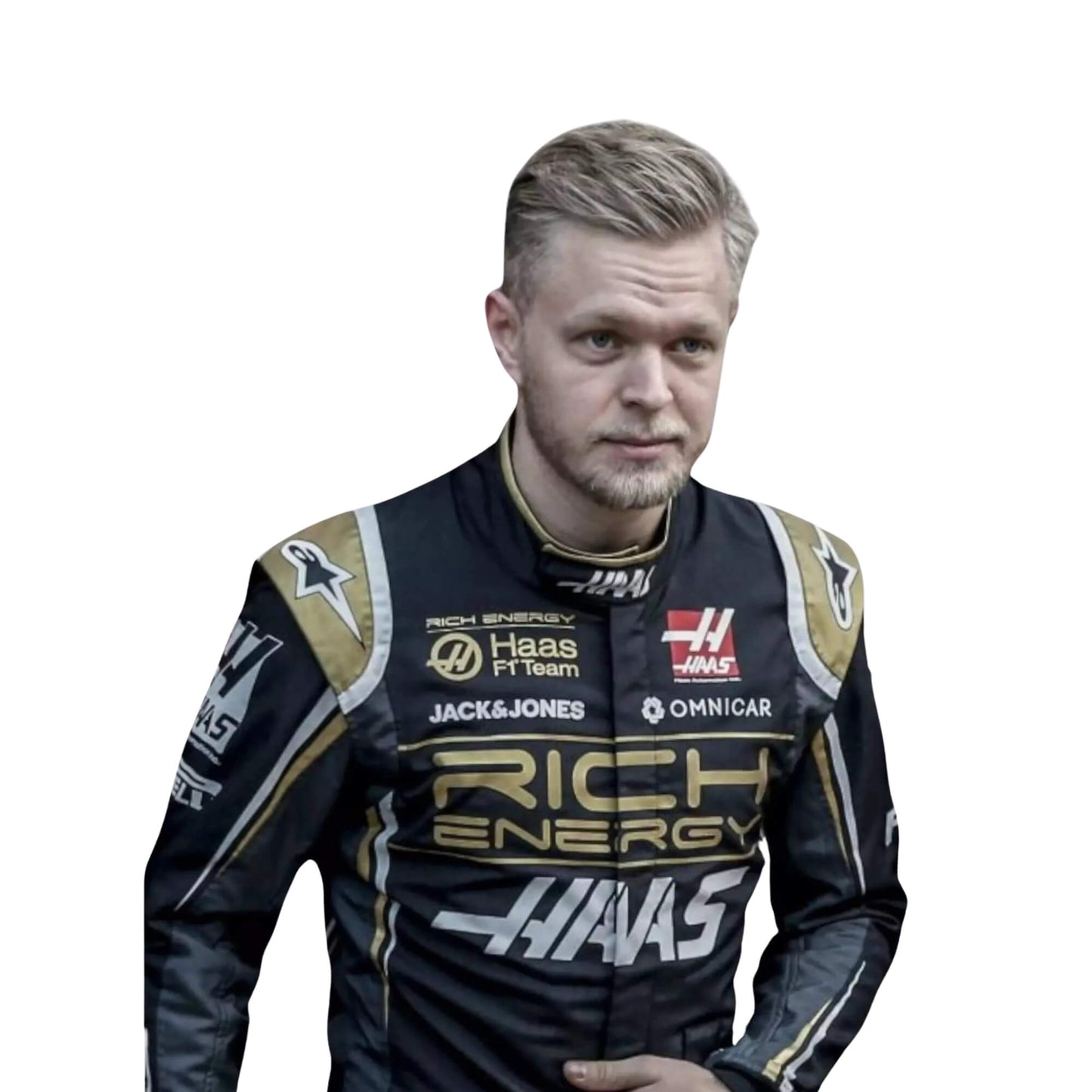 Kevin Magnussen 2019 Brazilian GP F1 suit – front view highlighting a sleek, performance-driven design, trending among Formula 1 fans