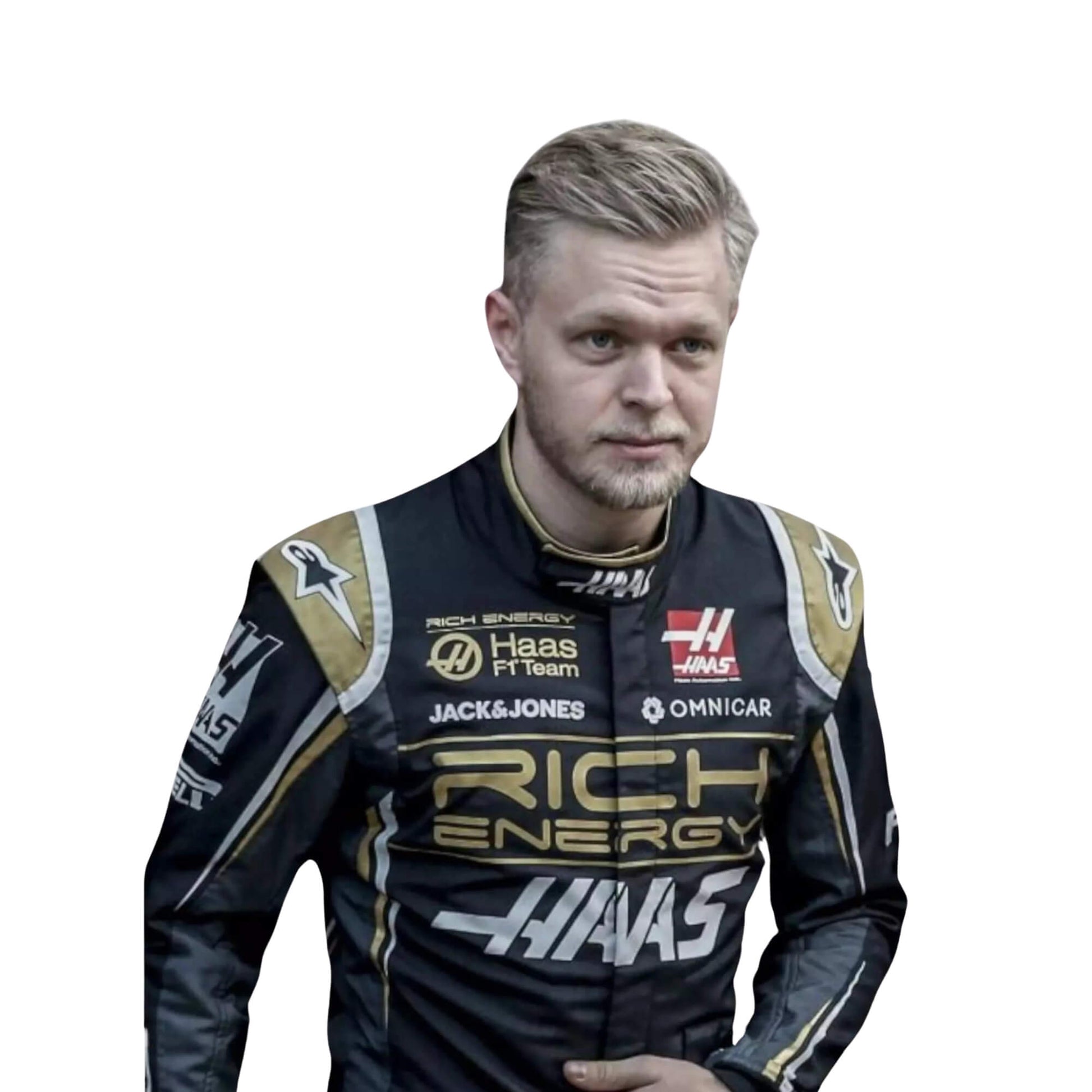 Kevin Magnussen 2019 Brazilian GP F1 suit – front view highlighting a sleek, performance-driven design, trending among Formula 1 fans