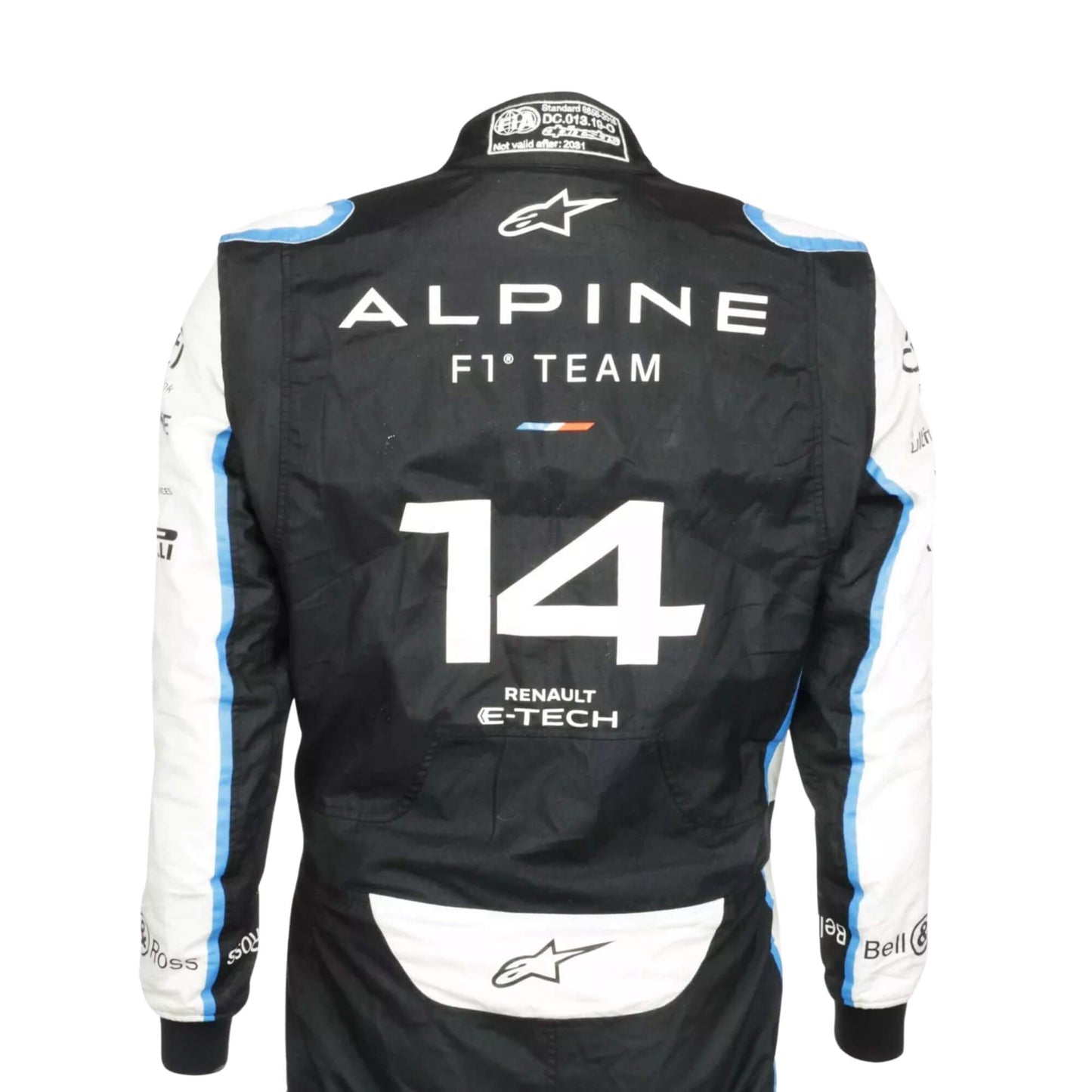 Back view of Fernando Alonso’s 2021 F1 suit – clean image with visible elements