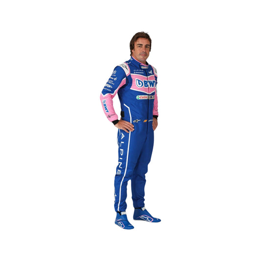 Front view of Fernando Alonso's 2022 F1 racing suit, highlighting its sleek design, bold sponsor logos, and vibrant colors, representing his performance on the track.