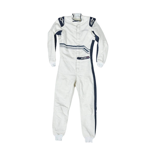 Nyck de Vries 2022 F1 racing suit front view in AlphaTauri design featuring sharp navy and white styling