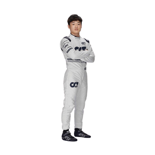 Yuki Tsunoda 2022 F1 Racing Suit front view showing navy and white color contrast with embroidered sponsor logos