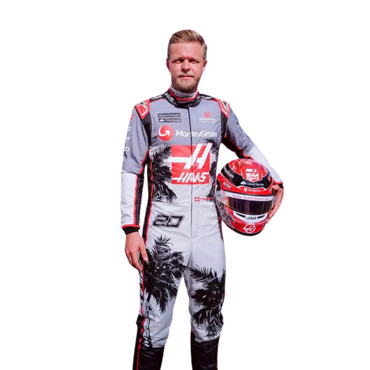 Close-up of fabric texture and stitching from Kevin Magnussen’s 2023 Miami GP suit, highlighting durable race construction and heat-zone mesh lining.