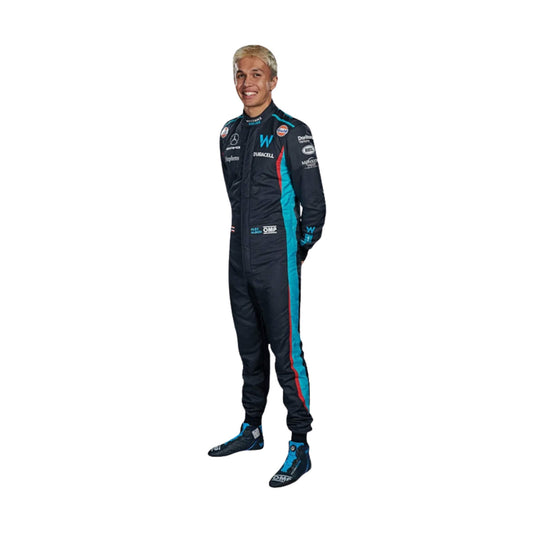 Front view of Alex Albon's 2023 F1 racing suit in dark blue with red and light blue accents, showcasing Williams Racing's dynamic design.