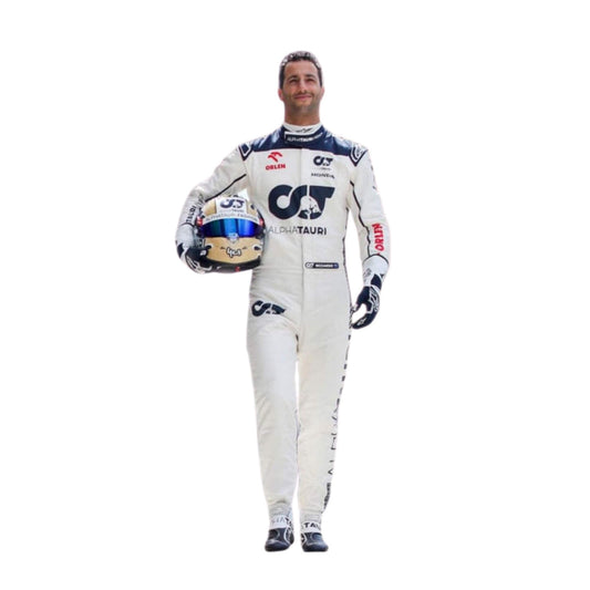 Daniel Ricciardo’s 2023 F1 racing suit front view featuring a white base with navy blue accents on the shoulders and sides, complemented by red sponsor logos, showcasing a sleek and modern design.
