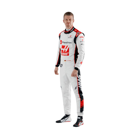 Side profile of the Nico Hulkenberg 2023 F1 racing suit, emphasizing its ergonomic fit, lightweight material, and aerodynamic design for maximum comfort and flexibility