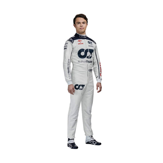 Nyck de Vries' 2023 F1 racing suit front view featuring a white base with navy blue accents on the shoulders and sides, complemented by red sponsor logos, showcasing a sleek and modern design.