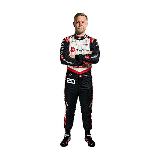 Front view of Kevin Magnussen's 2024 F1 racing suit in red, white, and black, showcasing a modern design with sponsor logos.