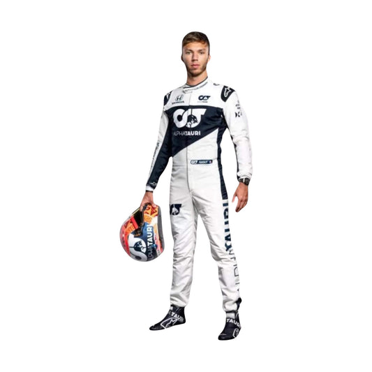 Pierre Gasly 2021 F1 racing suit front view, highlighting team logos, sponsor details, and race-specific design features.