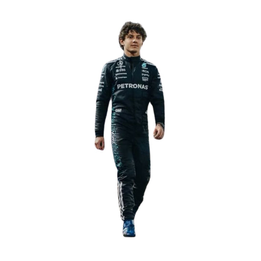 Andrea Kimi Antonelli standing confidently in his 2025 Formula 1 racing suit, front view showcasing a sleek black design with subtle neon green accents, featuring his race number 12 prominently displayed.