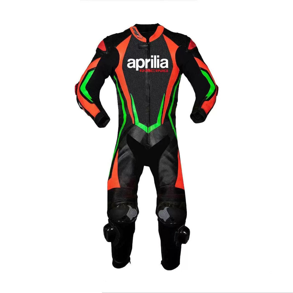 Aprilia Motorcycle Racing Black and Orange Leather Suit