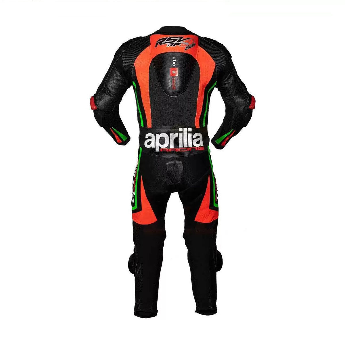 Aprilia Motorcycle Racing Black and Orange Leather Suit