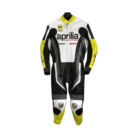 White and Black Racing Leather Suit for Aprilia Motorcycles