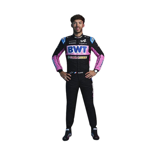 Full-body image of Pierre Gasly's 2024 F1 racing suit, designed in black with pink and blue accents for a high-performance look.