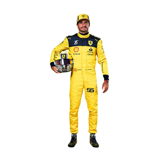 Carlos Sainz 2022 75th Anniversary F1 racing suit – front view showcasing unique celebratory design.