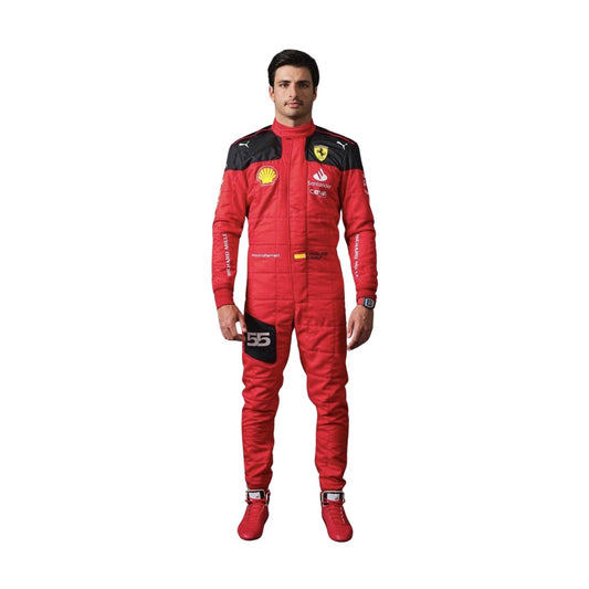 Carlos Sainz Jr.'s 2023 F1 racing suit front view featuring a vibrant red base with black accents on the shoulders and sides, complemented by sponsor logos, showcasing a sleek and modern design.
