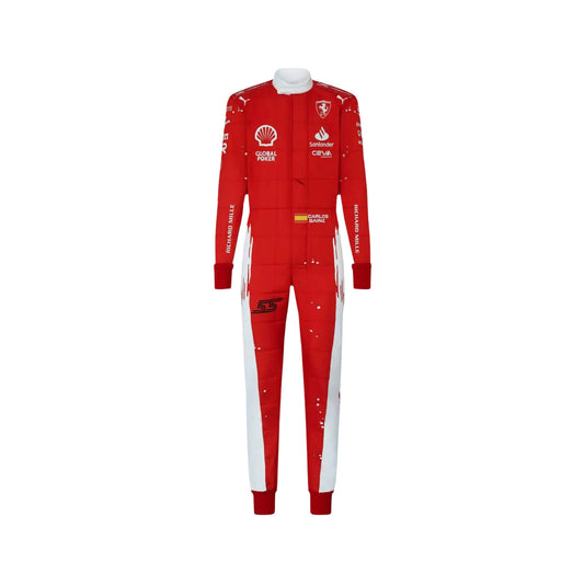 Carlos Sainz Jr.'s 2023 Las Vegas Grand Prix F1 racing suit front view featuring a vibrant red base with white accents on the shoulders and sides, complemented by sponsor logos, showcasing a sleek and modern design.