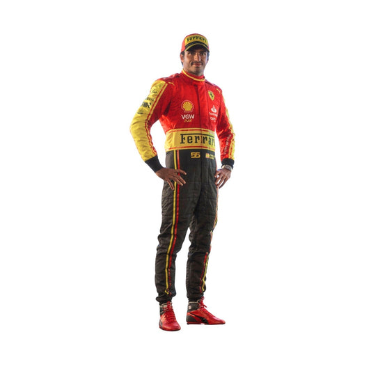 Right Side profile of Carlos Sainz Jr. in his 2023 Monza Special Edition F1 racing suit, displaying the ergonomic fit and the interplay of red, yellow, and black fabrics, enhanced by subtle detailing along the side seams