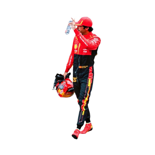 Carlos Sainz Jr’s 2023 Spain GP F1 racing suit front view, showcasing a red base with yellow and black detailing, tailored fit, and race-specific logos used in his home Grand Prix.