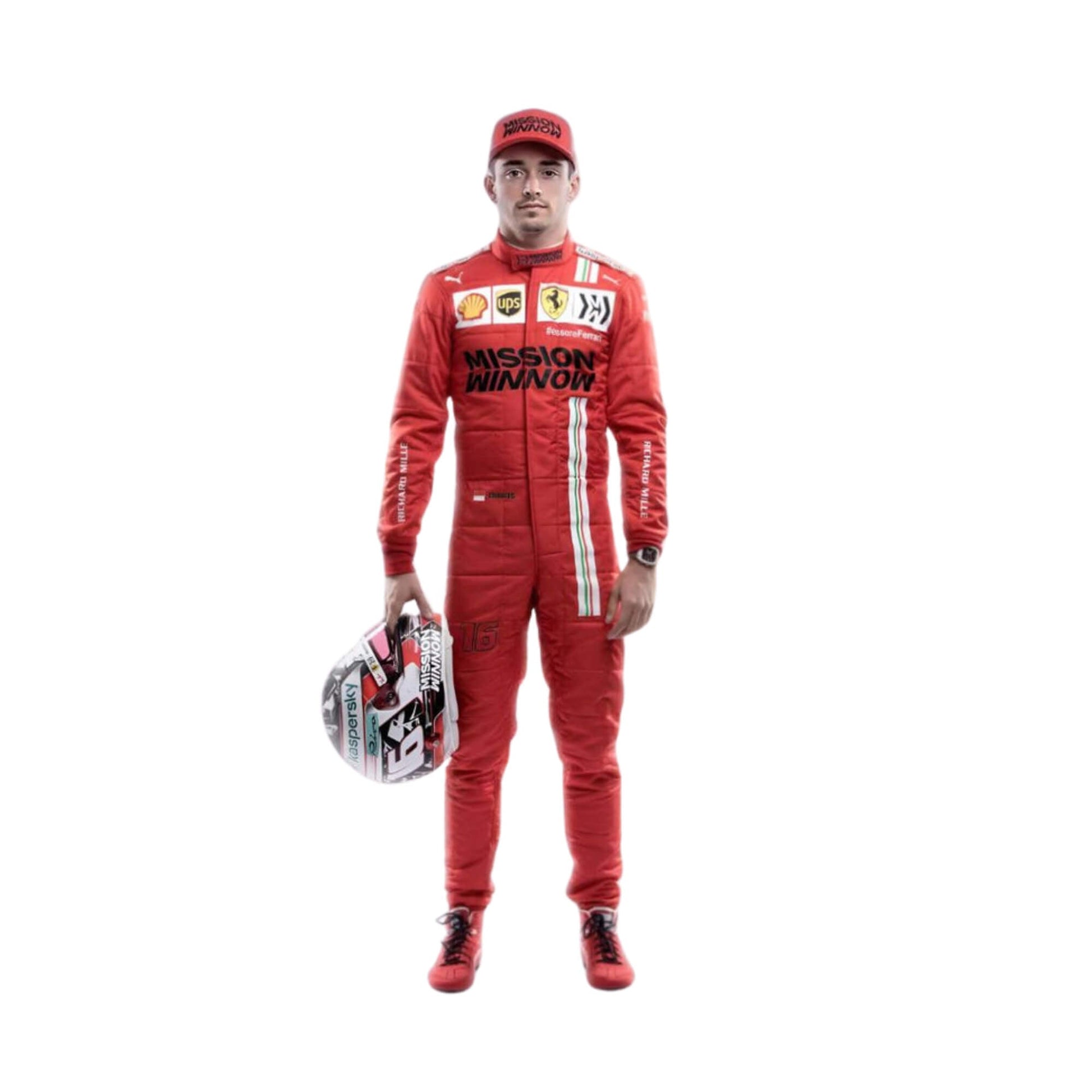 Front view of Charles Leclerc’s 2021 F1 racing suit featuring dynamic red design with detailed stitching and prominent chest branding.

