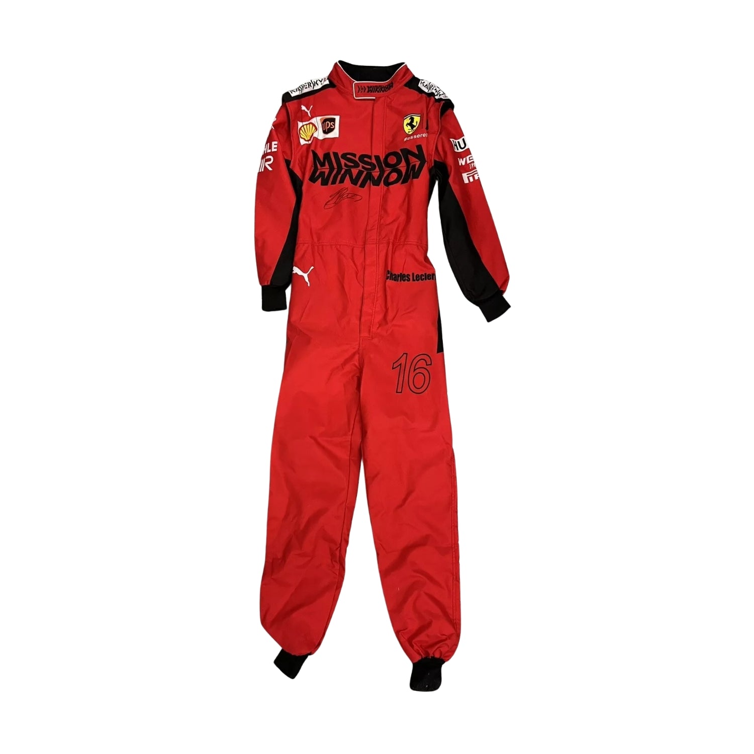 Front view of Charles Leclerc’s 2021 F1 racing suit featuring dynamic red design with detailed stitching and prominent chest branding.

