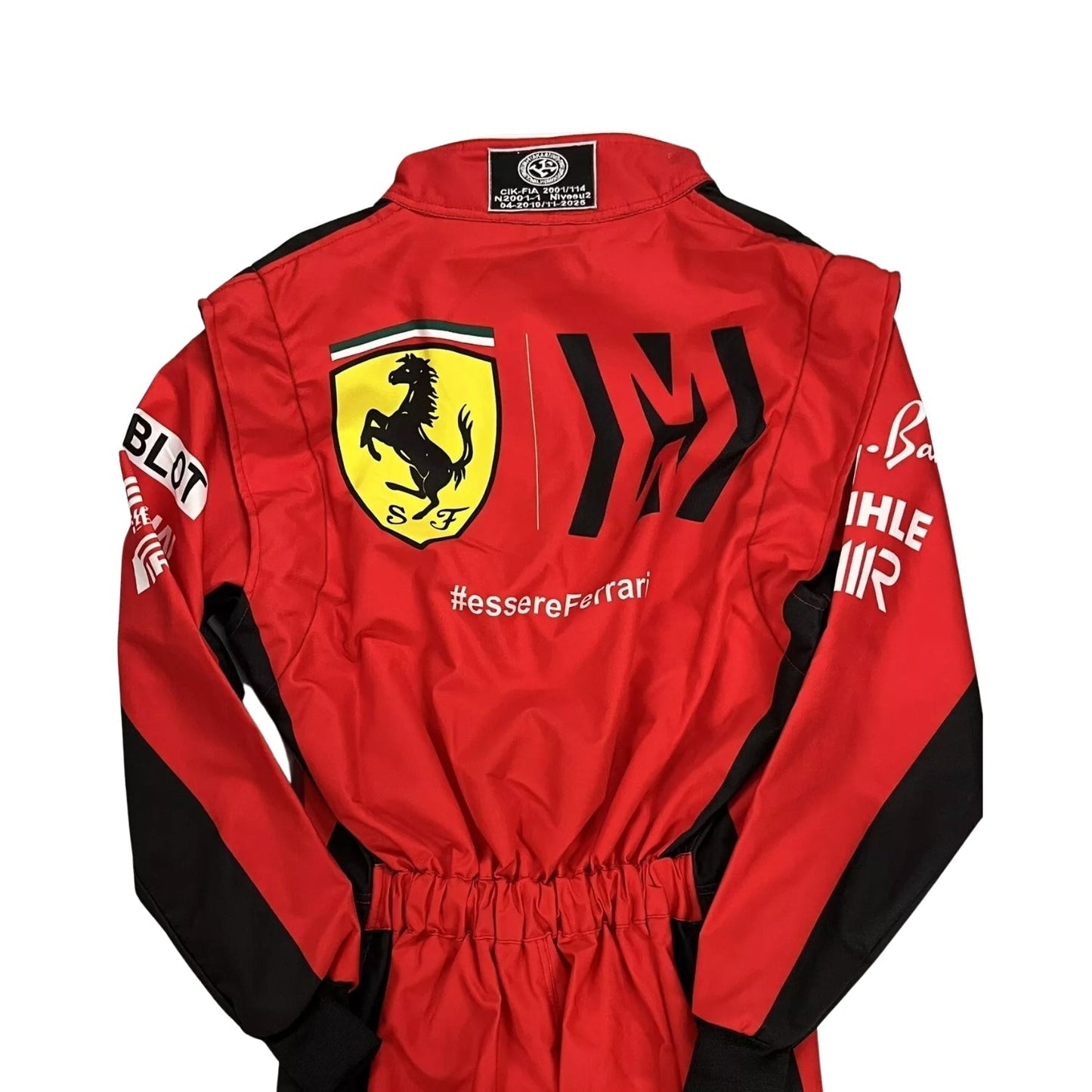 Rear view of the 2021 Charles Leclerc F1 suit, showcasing name detailing and structured paneling for movement and airflow.