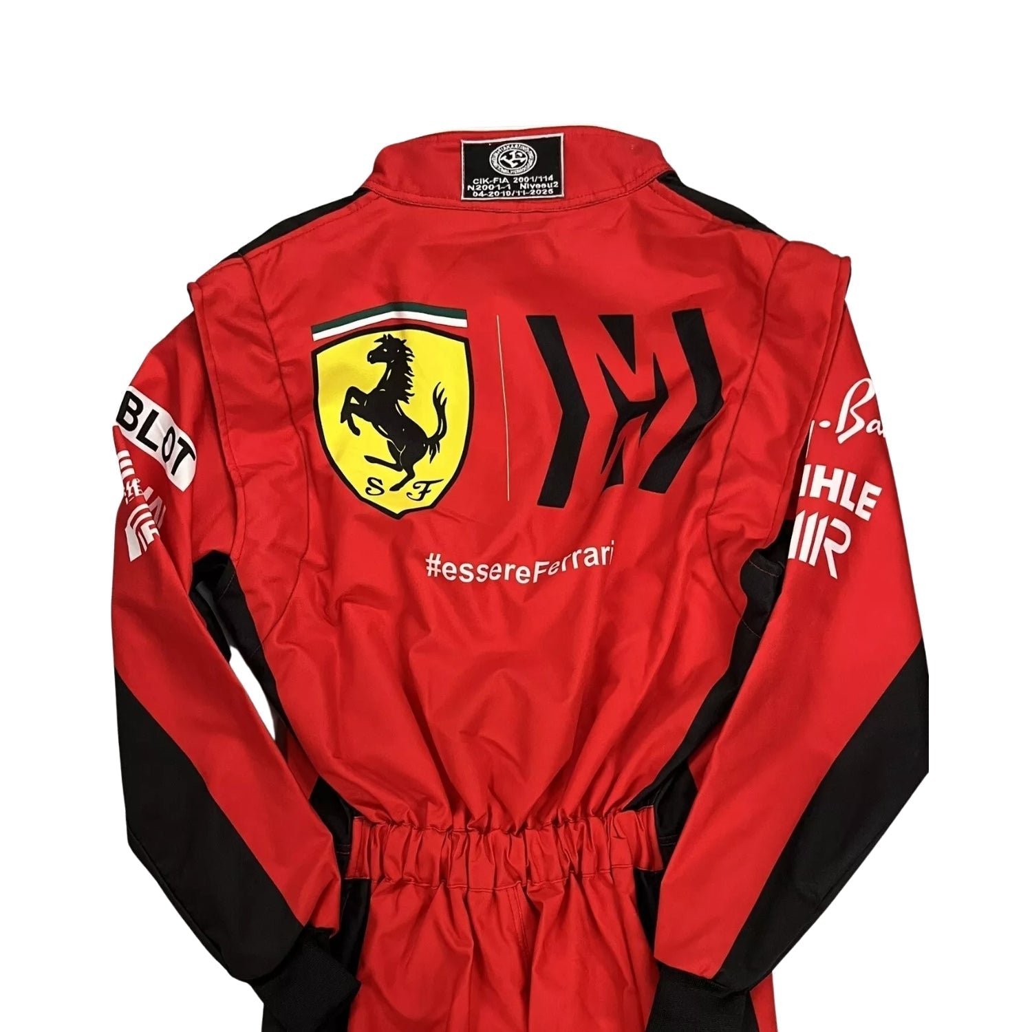 Rear view of the 2021 Charles Leclerc F1 suit, showcasing name detailing and structured paneling for movement and airflow.