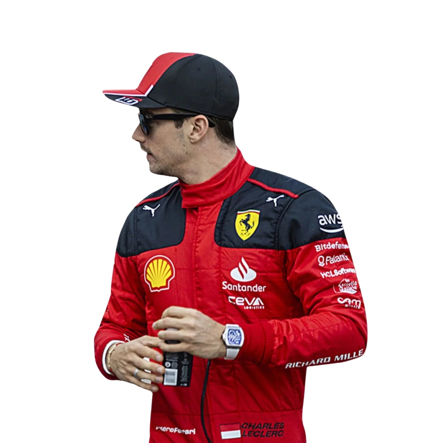Close-up of the suit's fine stitching and detailed sponsor logos, highlighting the craftsmanship and quality of the 2022 racing gear.